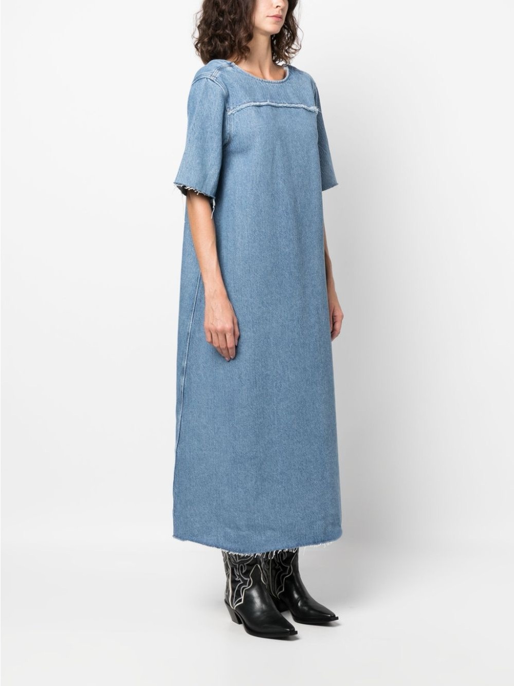 Ganni Light Blue Denim Maxi Dress with Raw-Edge Trim